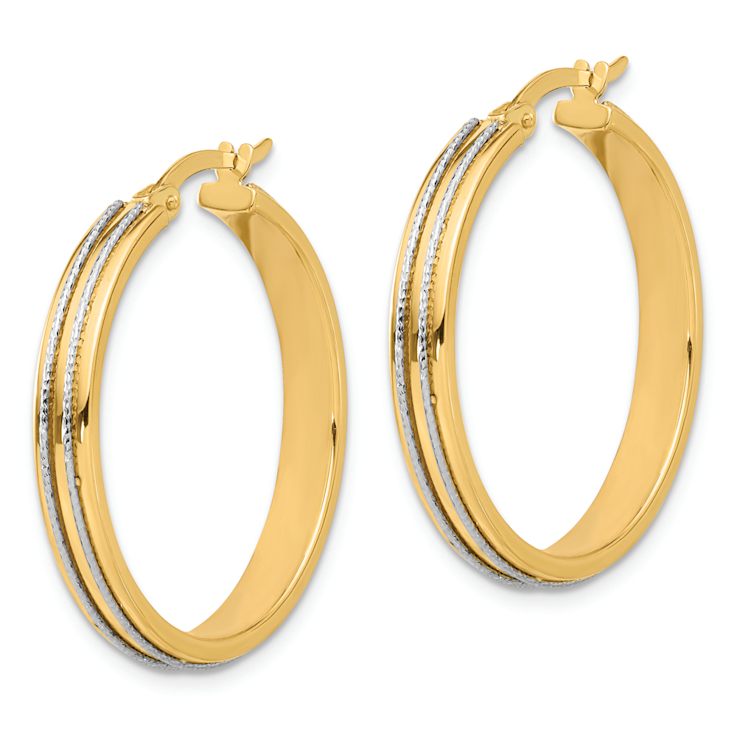14k Yellow Gold and 14k White Gold 1 3/16" Polished and Diamond-Cut
Hoop Earrings