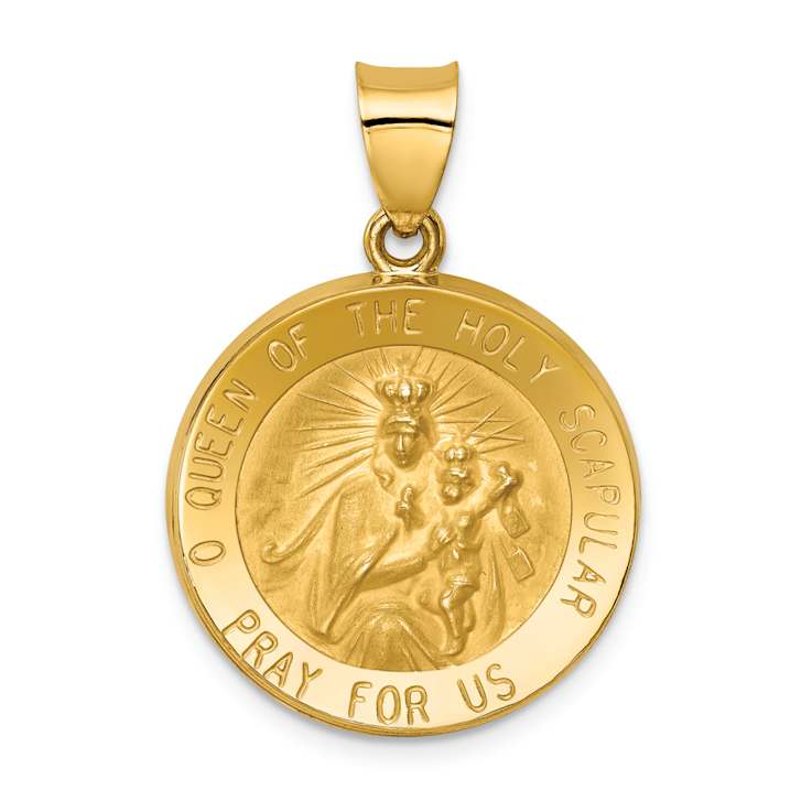 14k Yellow Gold Satin and Textured Queen of The Holy Scapular Reversible
Medal Pendant