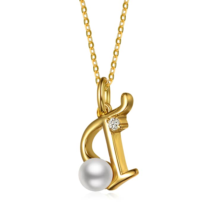 Initial T CZ And Pearl Simulant Pendant Necklace In 14K Gold Over Brass