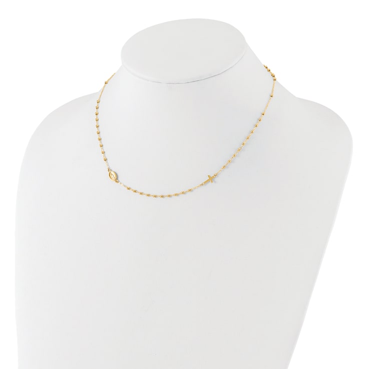 14K Yellow Gold Polished Miraculous Medal and Cross Rosary Design Necklace