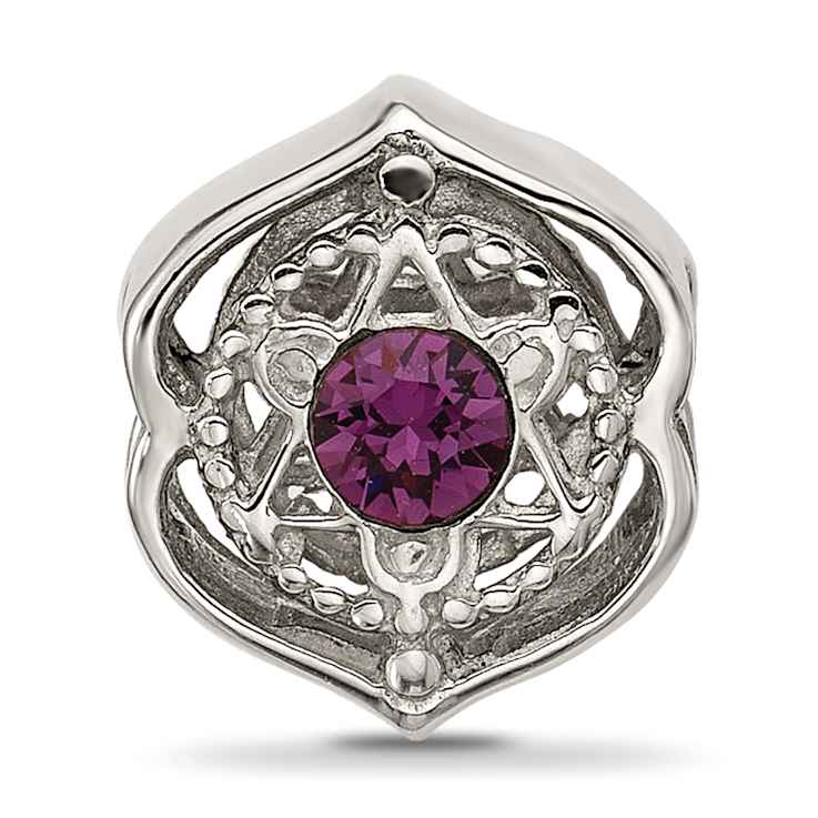 Sterling Silver Brushed and Polished Crystal Purple Bead