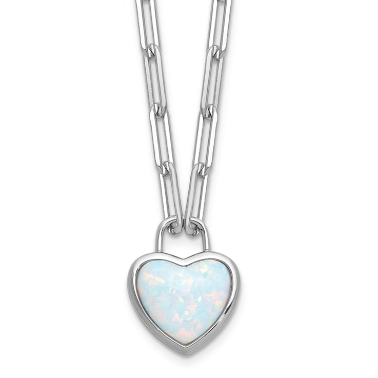 Rhodium Over Sterling Silver Lab Created Opal Heart Paperclip Link Necklace