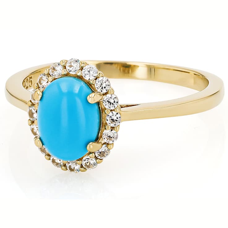 Turquoise Oval Halo Ring In 18K Gold Over Sterling Silver 0.30ctw