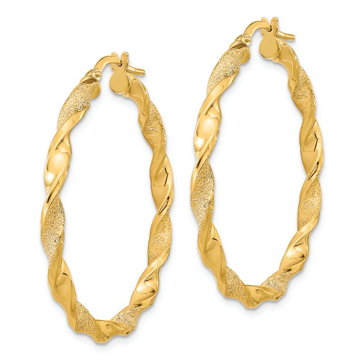 14k Yellow Gold 1 1/2" Polished and Textured Twisted Hoop Earrings