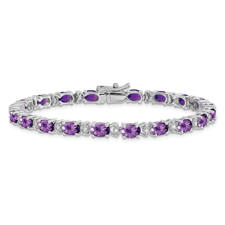 Rhodium Over 14k White Gold Oval Amethyst and Diamond Bracelet