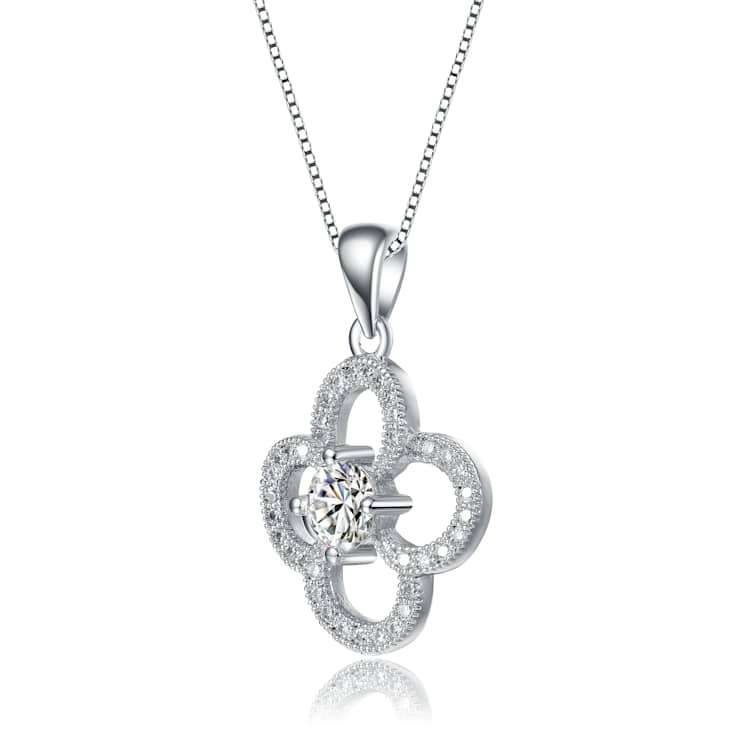 CZ Flower Pendant Necklace In White Rhodium Over Brass