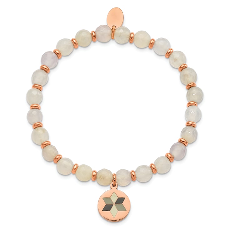 Rose Stainless Steel Polished Enamel Flower Jade Stretch Bracelet