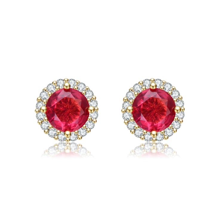 Ruby Color CZ Halo Stud Earrings In 14K Gold Over Brass