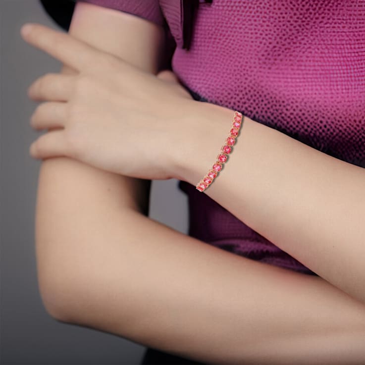 Lab Created Peach Padparadscha Sapphire 18K Rose Gold Over Sterling
Silver Halo Tennis Bracelet