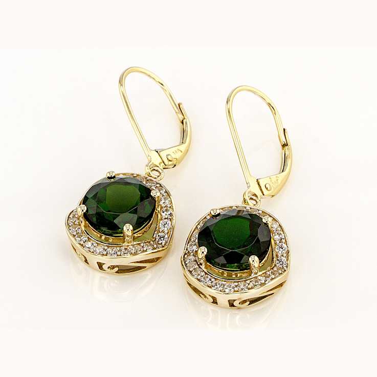 Chrome Diopside Round And White Zircon Dangle Earrings In Solid 14K
Yellow Gold 4.19ctw