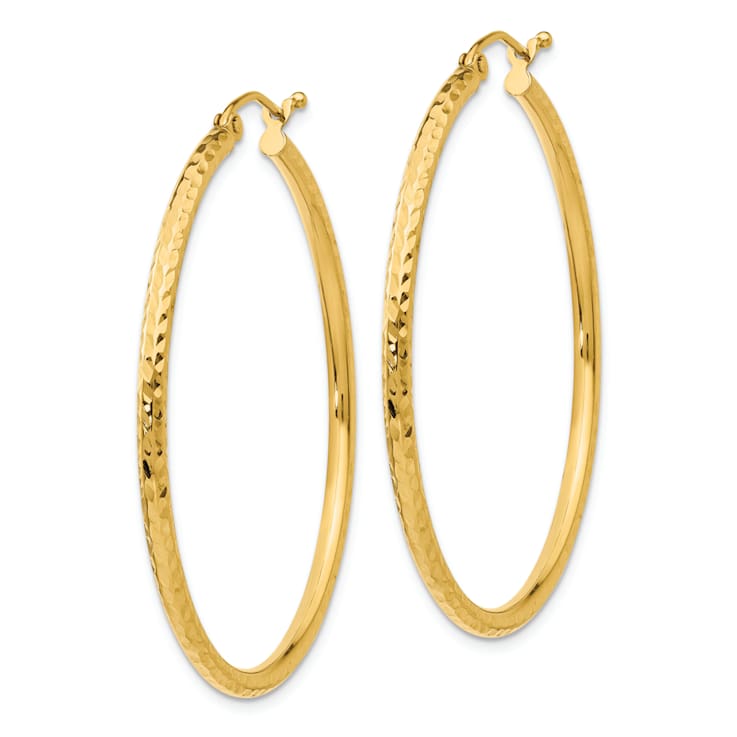 14k Yellow Gold 1 9/16 inch Diamond-Cut Round Tube Hoop Earrings
