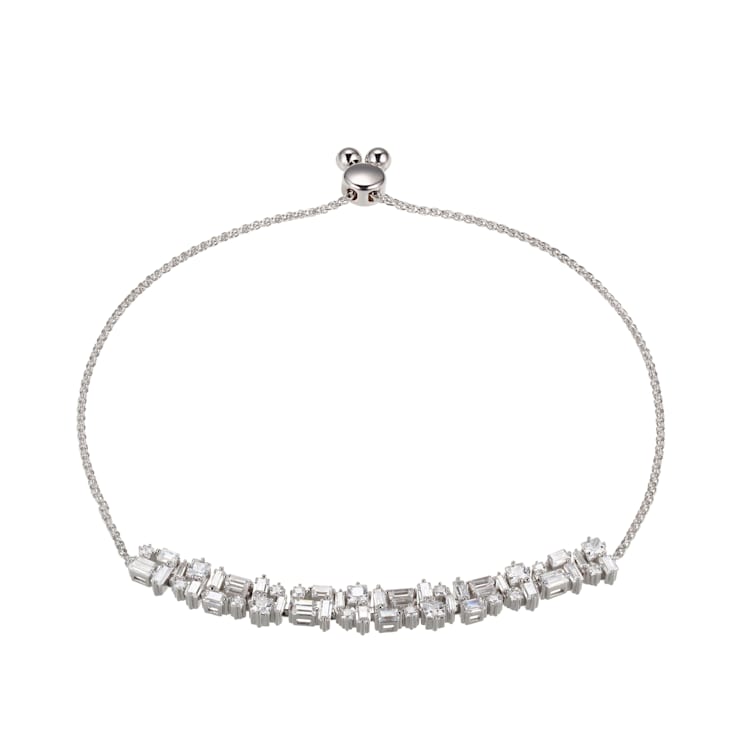 White Lab Created Sapphire Rhodium Over Sterling Silver Bolo Bracelet