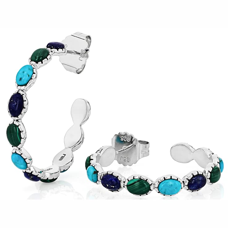 Blue Turquoise, Lapis Lazuli And Malachite Hoop Earrings In Silver 5x3.5mm