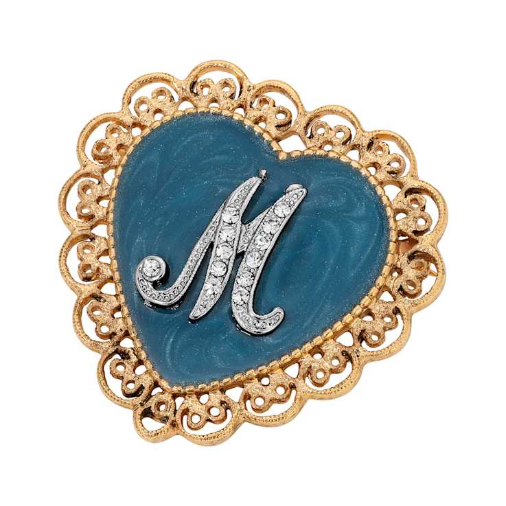 Gold Tone Filigree Heart Blue Enamel Initial Pin