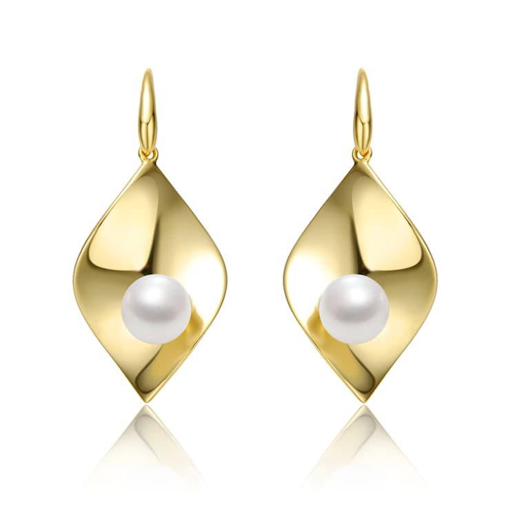 Lily Pad And Freshwater Pearl Drop Earrings In 14K Gold Over Sterling Silver