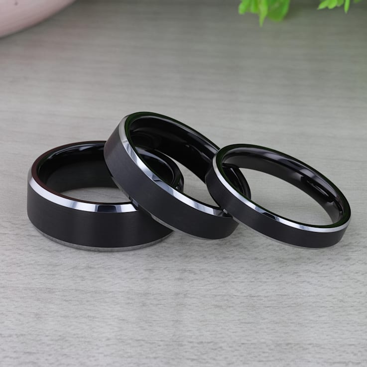 ASTON Black Brushed Center Tungsten Ring with Polished Beveled Edges 6mm