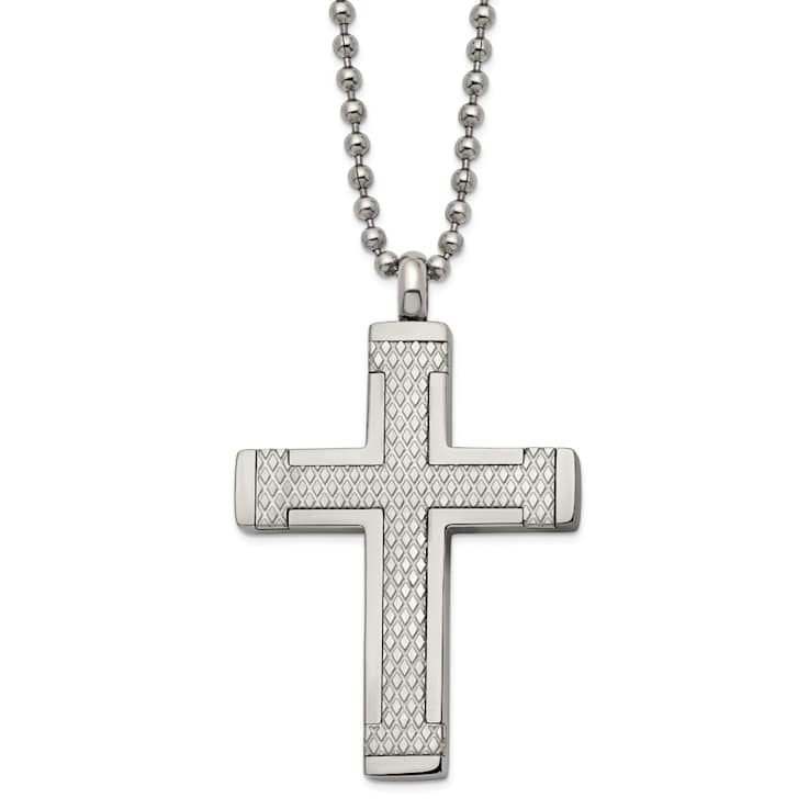 Titanium Polished Laser Cut Cross Pendant with 22 Inch Ball Chain