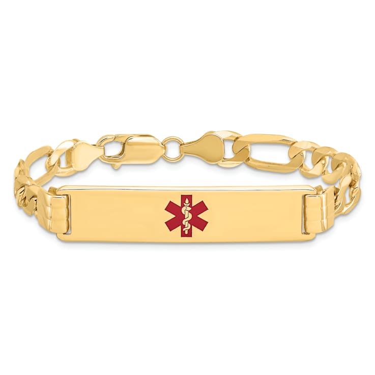 14k Yellow Gold Medical Red Enamel Flat Figaro Link ID Bracelet