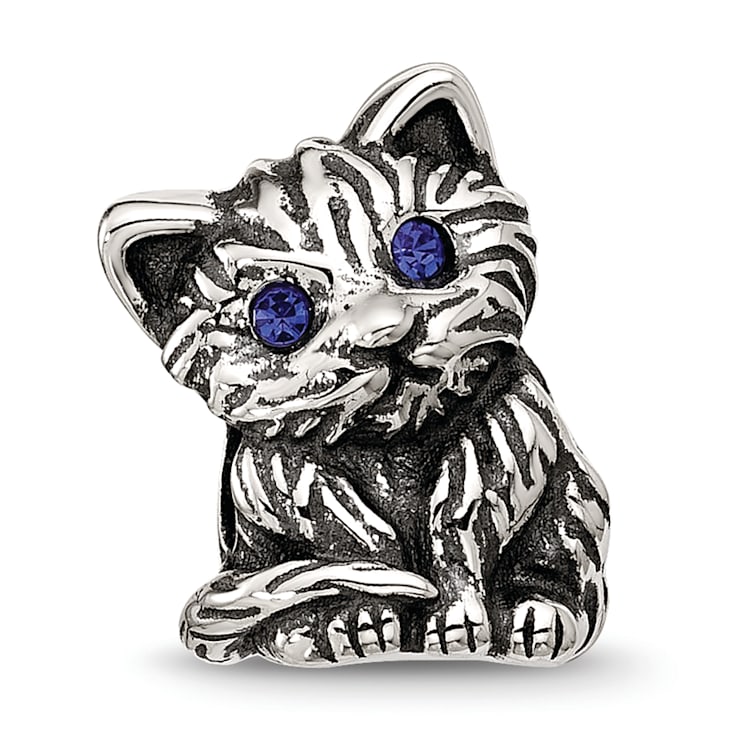 Sterling Silver Antiqued Cat with Blue Crystals Bead