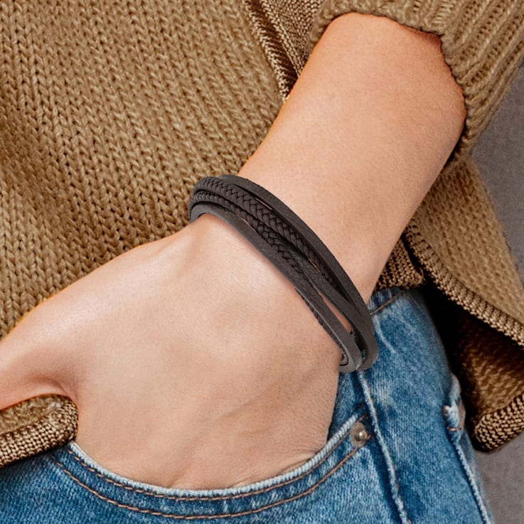 Brown Faux Leather and Stainless Steel Polished Brown Multi Strand with
0.5-inch Extension Bracelet