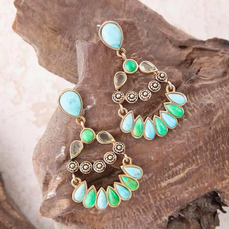 Barse Jewelry Blue and Lime Composite Turquoise Gold Tone Legacy Dangle Earrings