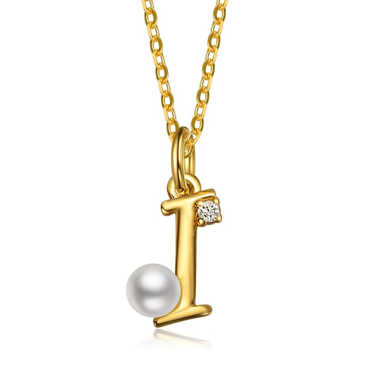 Initial I Pearl And CZ Pear Shape Pendant Necklace In 14K Gold Over Brass