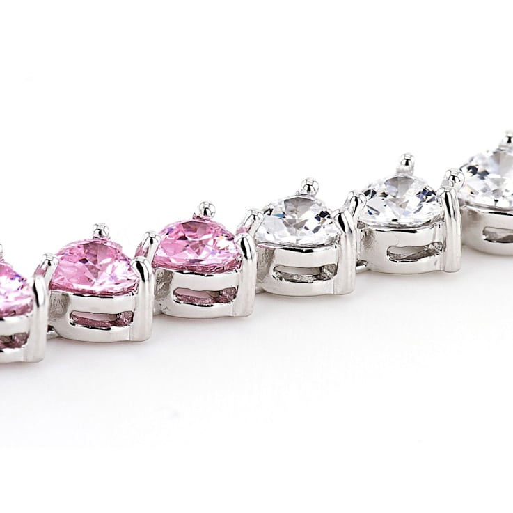 Pink And White Cubic Zirconia Rhodium Over Sterling Silver Heart Tennis
Bracelet 14.39ctw