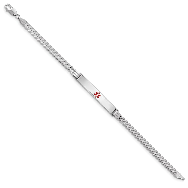 Rhodium Over 14k White Gold Medical Red Enamel Flat Curb Link ID Bracelet