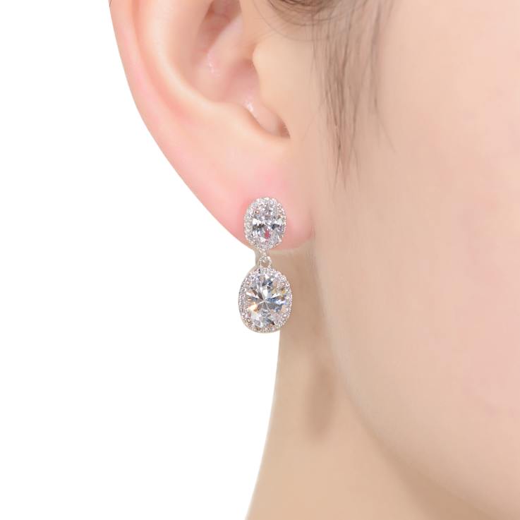 CZ Halo Drop Earrings In Sterling Silver
