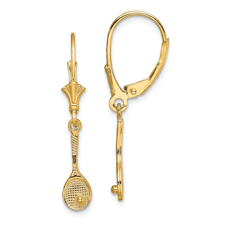 14k Yellow Gold Polished and Textured Tennis Racquet with Ball Dangle Earrings