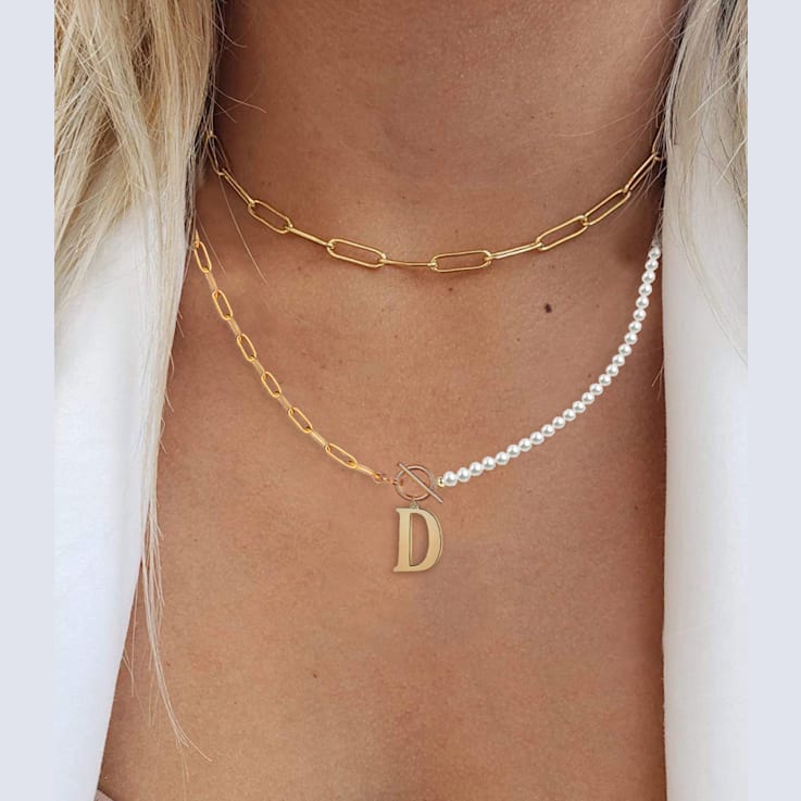 14K Gold Over Brass Initial Pearl Simulant Link Chain Necklace Letter D
