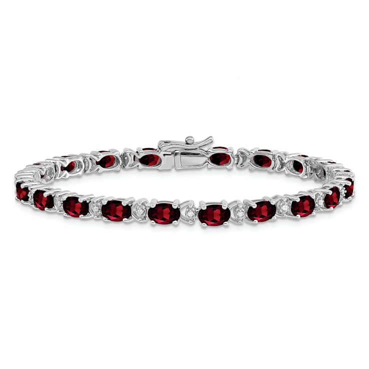 Rhodium Over 14k White Gold Oval Garnet and Diamond Bracelet