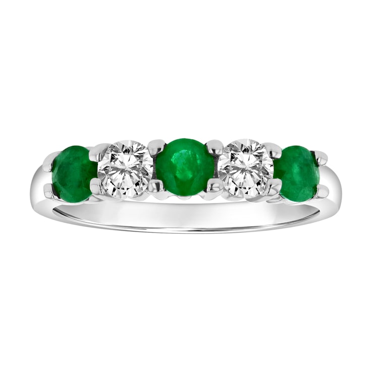 14K White Gold 5-Stone Emerald and Diamond Band Ring, 1.11ctw