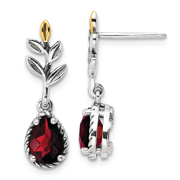 Sterling Silver with 14K Accent Antiqued Leaf Garnet Dangle Post Earrings