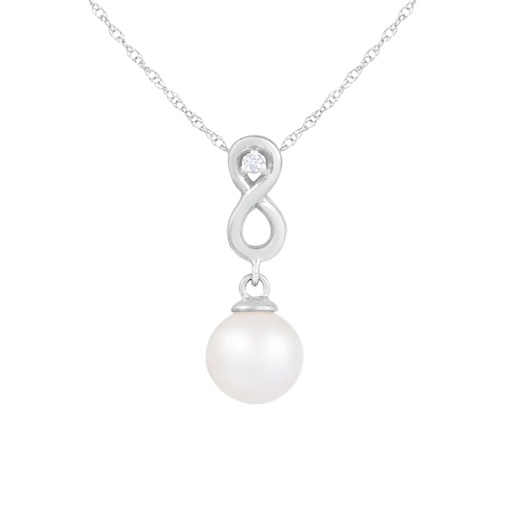 White Cultured Freshwater Pearl and Diamond 14K White Gold Pendant 8-8.5mm
