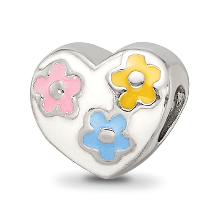 Sterling Silver Enameled Heart with Flowers Bead