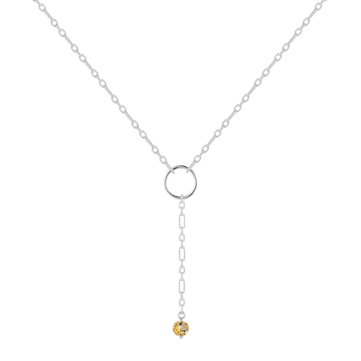 Round Citrine Rhodium Over Sterling Silver Dainty Necklace