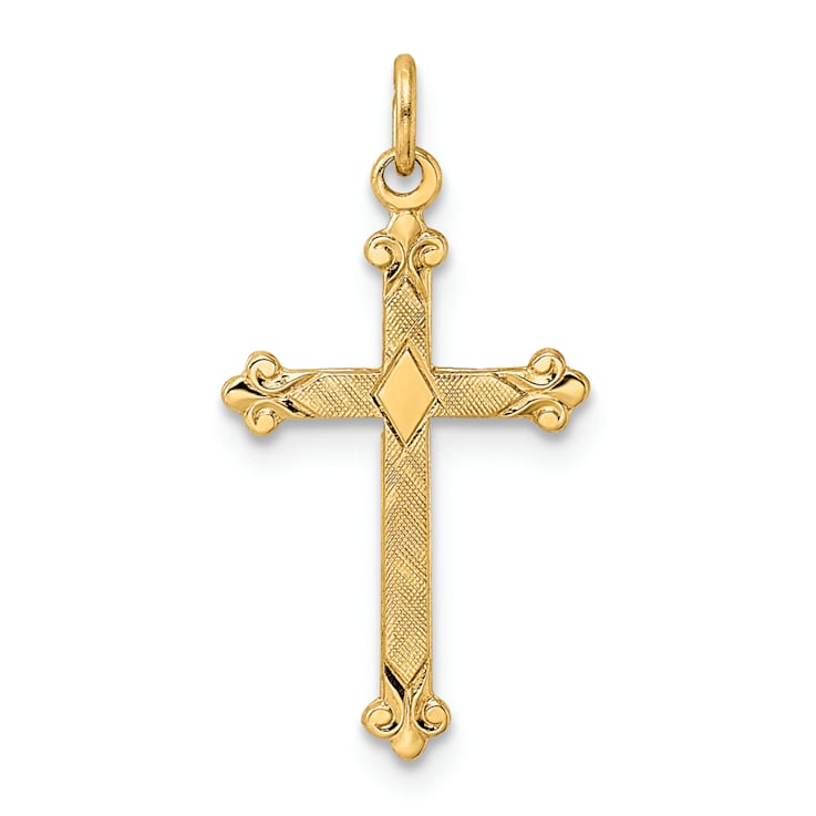 14k Yellow Gold Polished and Textured Solid Diamond Shape Cross Pendant