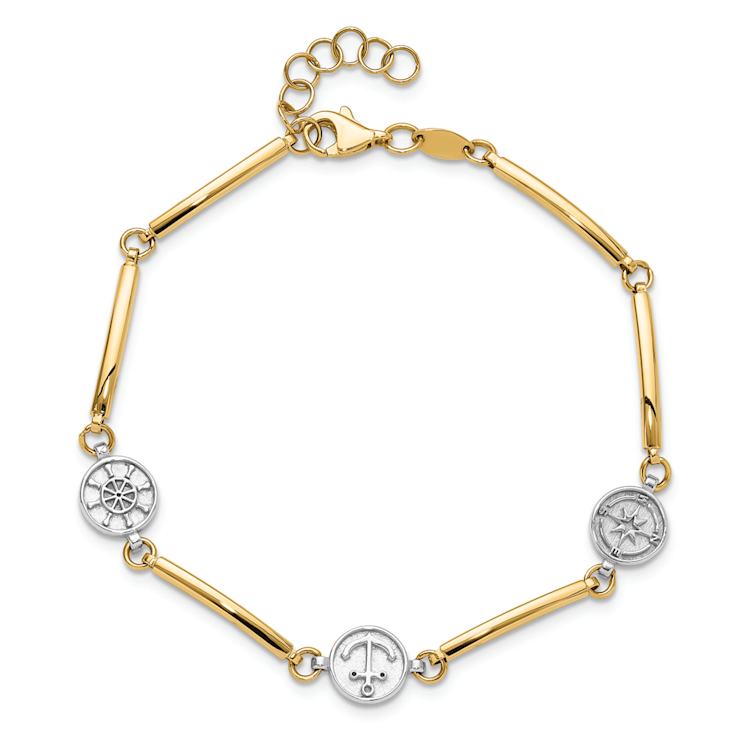 14K Two-tone Gold Polished Compass and Anchor Link Bracelet
