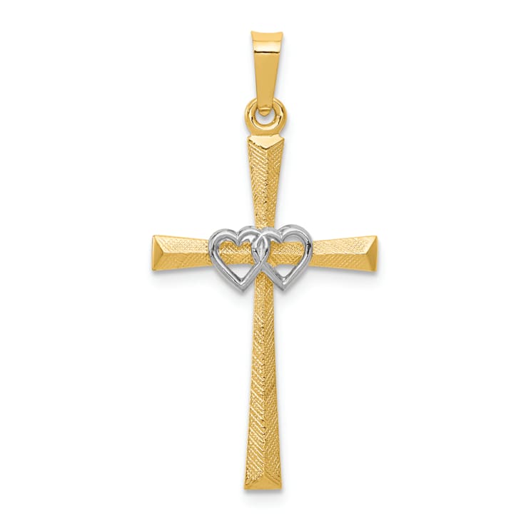 14k Yellow Gold and 14k White Gold Textured and Polished Latin Cross
with Hearts Pendant