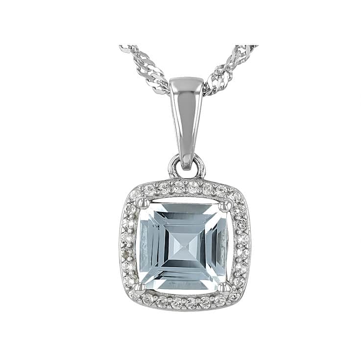Aquamarine And White Topaz Halo Pendant Necklace In Sterling Silver