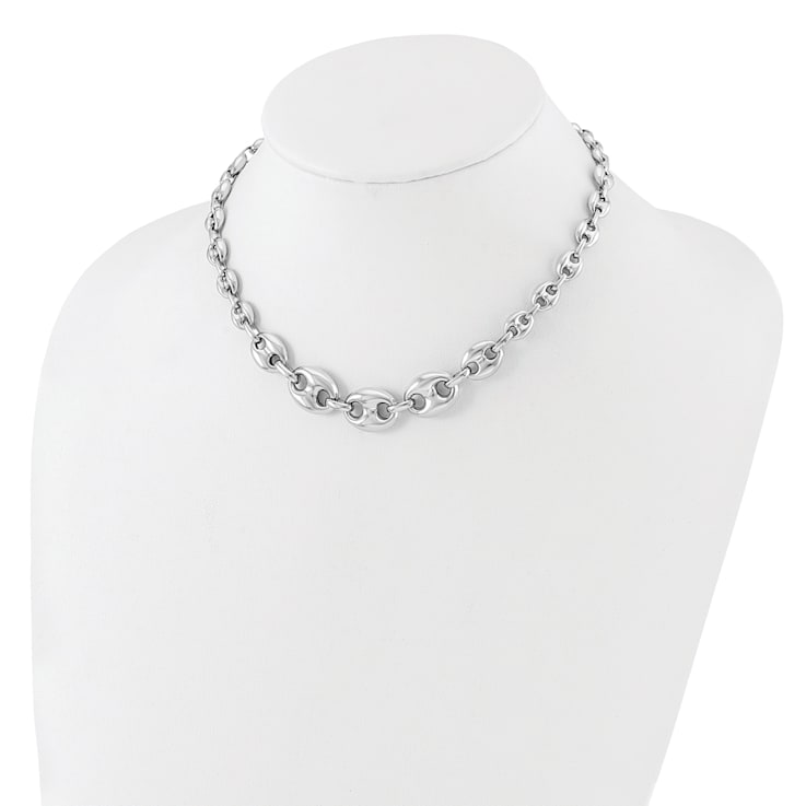 Rhodium Over Sterling Silver Hollow Graduated Marina Link 17-inch Necklace