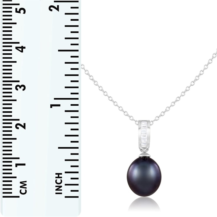 8-8.5mm Black Cultured Freshwater Pearl Sterling Silver Pendant W/Chain
