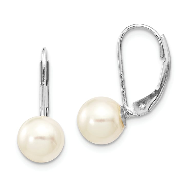 Rhodium Over 14K White Gold 7-8mm Round White Saltwater Akoya Pearl
Leverback Earrings