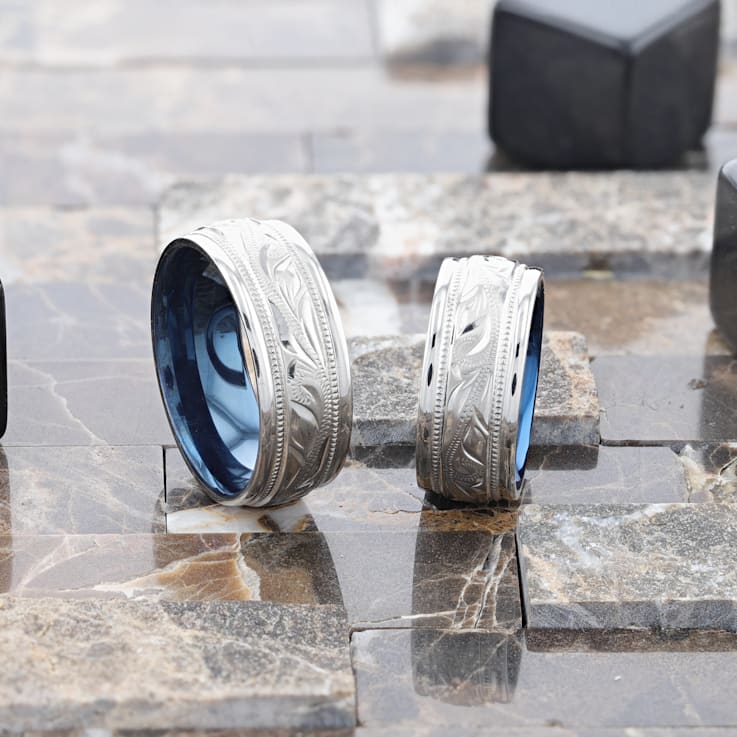 MARINER Titanium Milgrain Engraved Finish Men 's Wedding Ring with Blue
Plating Inside 8mm
