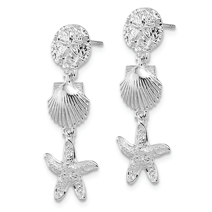 Rhodium Over Sterling Silver Polished Sea Life Dangle Post Earrings