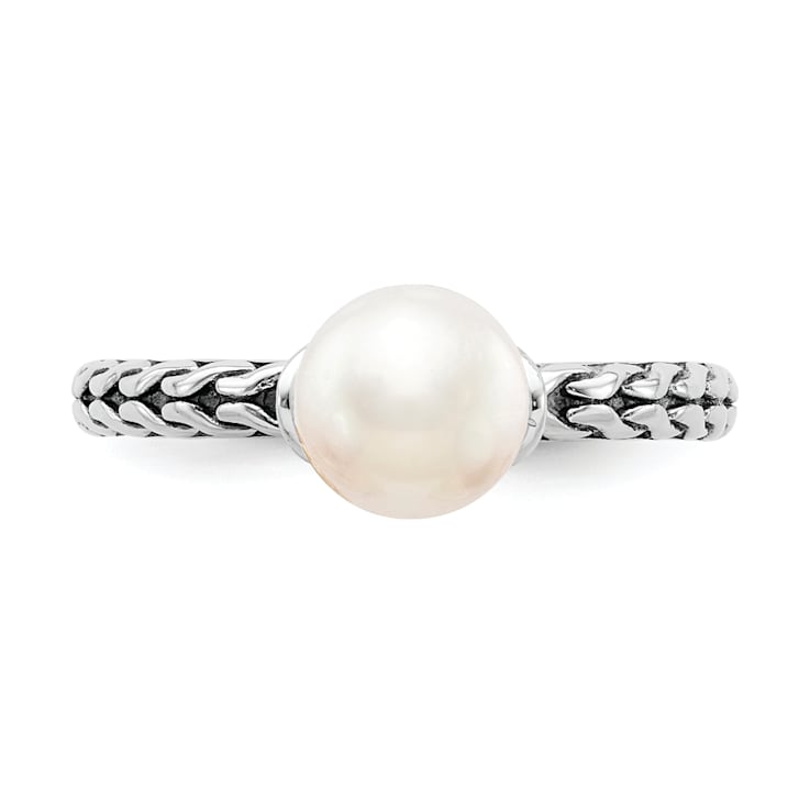 Rhodium Over Sterling Silver Stackable Expressions 7.0-7.5mm White
Freshwater Cultured Pearl Ring