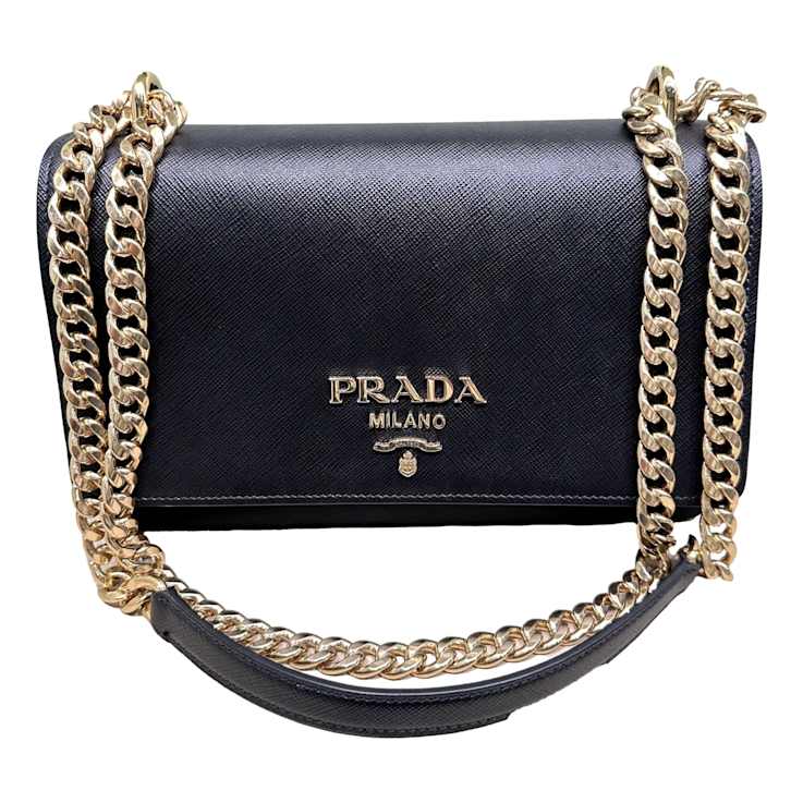 Prada Pattina Black Leather and Nylon Flap Crossbody Bag