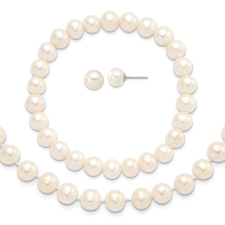Rhodium Over Sterling Silver 7-8mm White Freshwater Pearl Earring
Bracelet Necklace Set