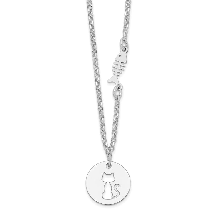 Sterling Silver Rhodium-plated Kitty and Fish with 1-inch Extension Necklace